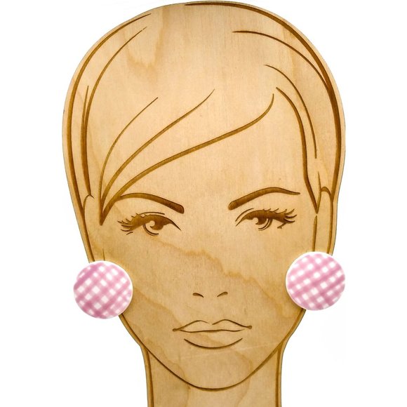 Vintage Pink and White Porcelain Earrings, Post Stud Large Circles - Picture 3 of 5